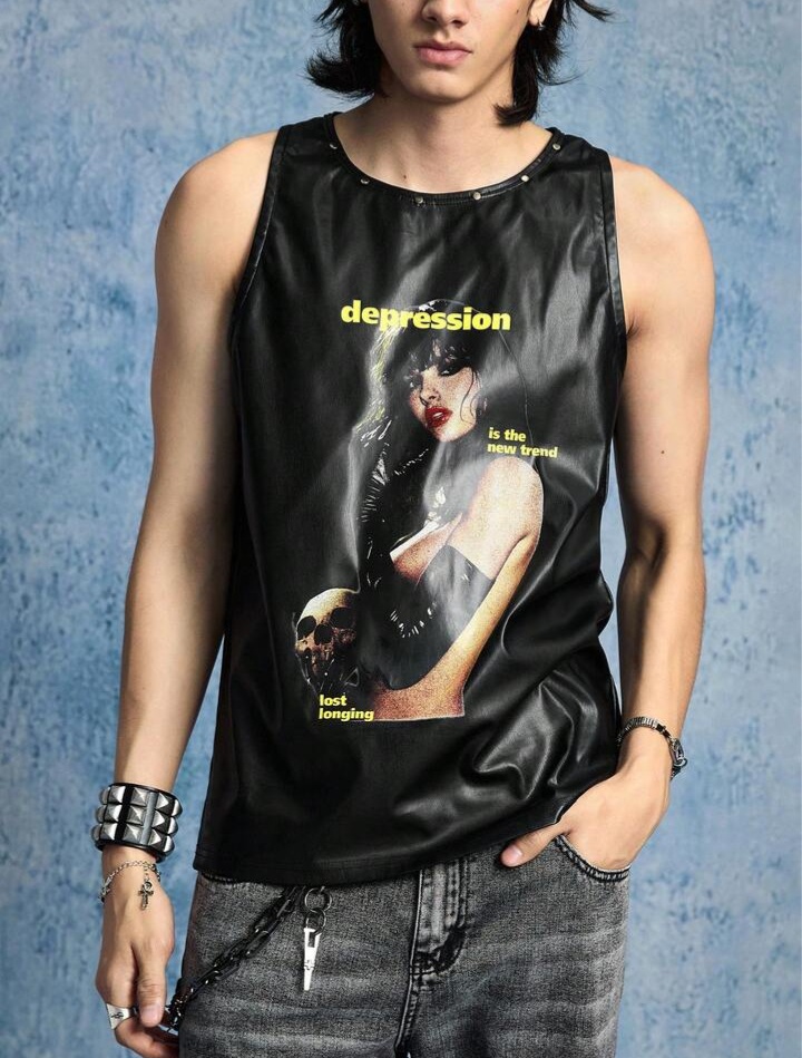 Men's Street Fashion PU Rivet Portrait Tank Top